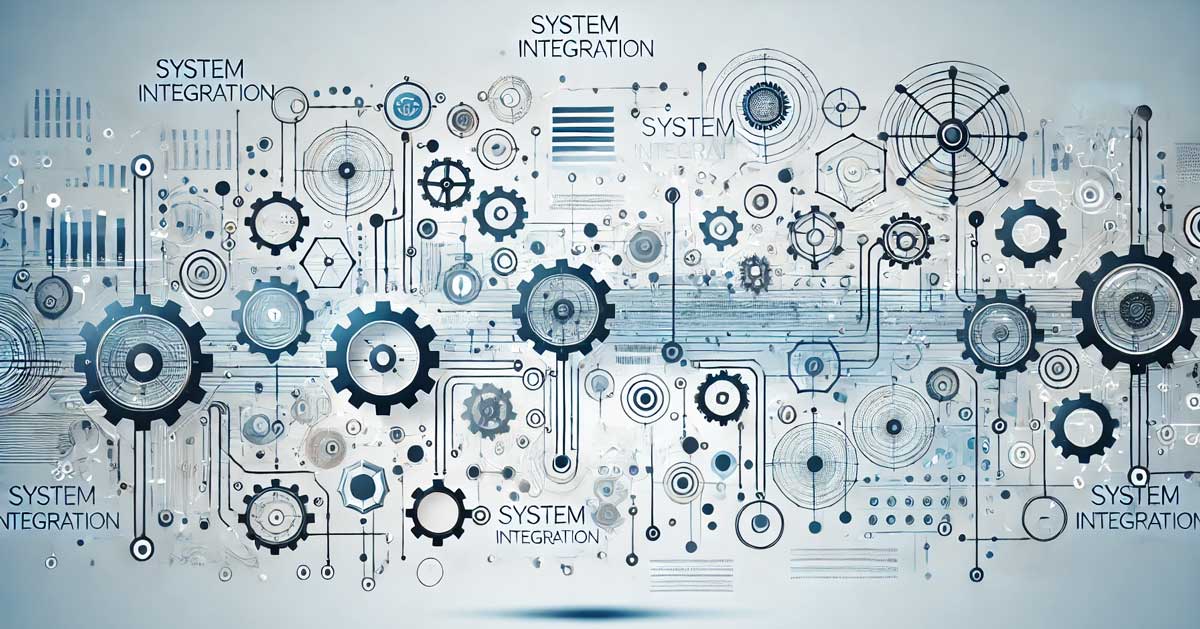 A horizontal, modern illustration showing system integration for businesses. Features interconnected networks, digital gears, and seamless data flow symbols, emphasizing optimization of business processes through technology. The design uses a professional blue and white color scheme, highlighting efficiency and collaboration, with no text or labels.