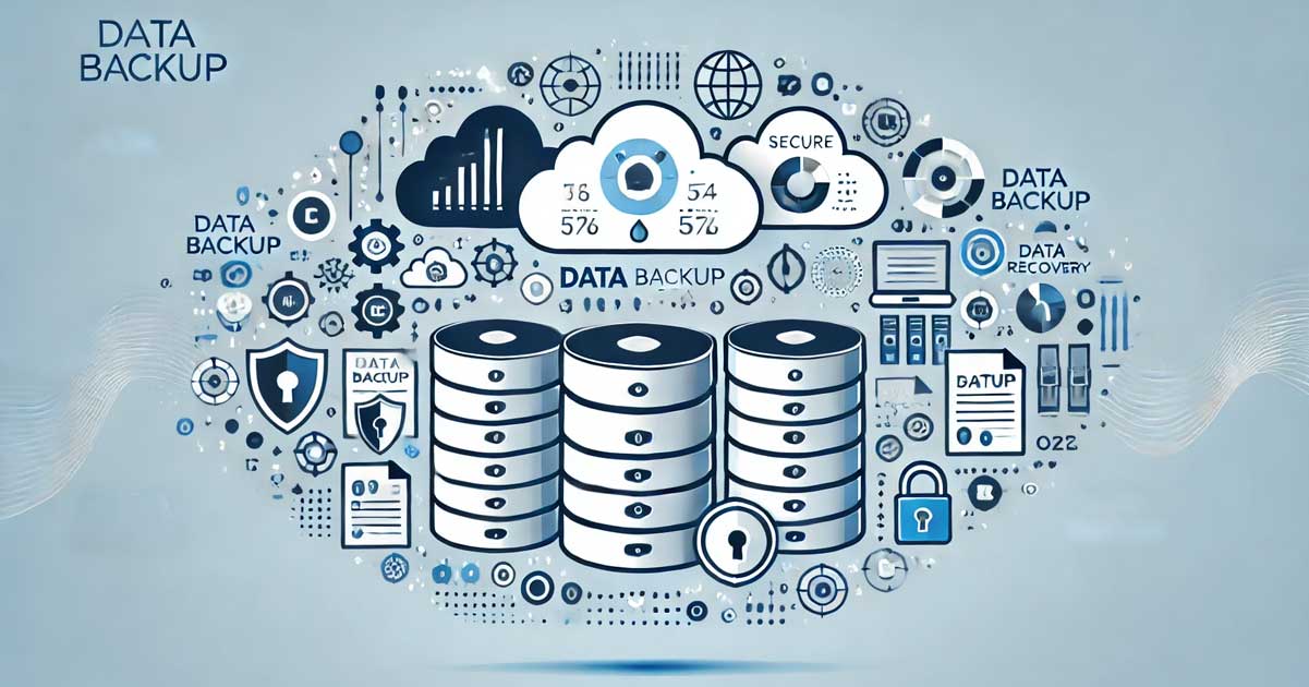 A horizontal, modern illustration showcasing the importance of data backup for businesses. Features digital storage icons, cloud symbols, and visuals representing secure data recovery. The design emphasizes reliability and data protection with a sleek blue and white color scheme, without any text or labels.