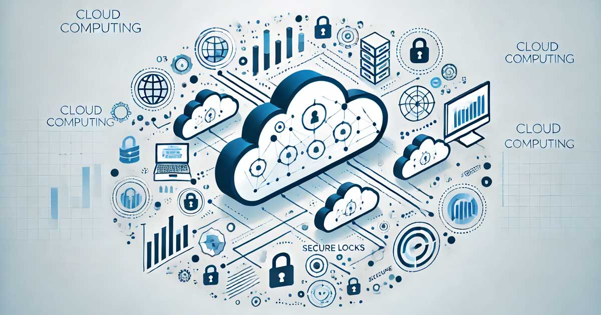 Professional horizontal illustration depicting cloud computing for businesses. Features stylized interconnected cloud icons with digital symbols like data nodes, secure locks, and charts. Designed in a sleek blue and white color scheme, emphasizing technology and scalability, with no text.